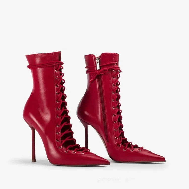 Lace-Up Leather Solid Knee-High Boot — Black | KIMLUD