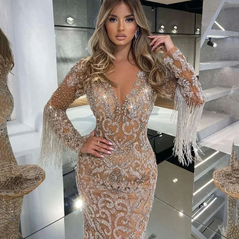 KIMLUD, 2025 New Spring Cross-Border Women's Evening Dress Long Sexy Elegant Fringed Gold-Sprinkled Mermaid Gown For Wedding, KIMLUD Womens Clothes