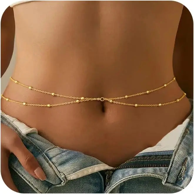 Gold-Plated Stainless Steel Waist Chain With Satellite Beads — Gold | KIMLUD