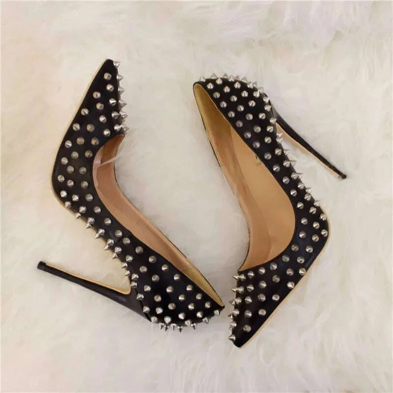 KIMLUD, Veowalk Silvet Gold Revits Women Sexy 12cm Pointed Toe High Heels Ladies Shallow Stiletto Pumps Shiny Wedding Party Dress Shoes, KIMLUD Womens Clothes