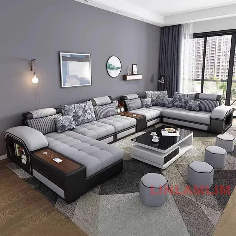 U-Shaped Sectional Fabric Sofa With Storage And Built-In Side Table — Gray | KIMLUD