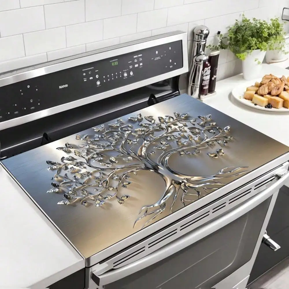 Rubber Stove Cover Mat Tree Design With Intricate Branches — Black | KIMLUD
