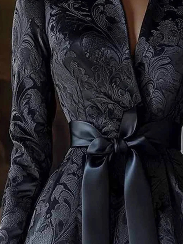 KIMLUD, Elegant Womens Print Dress Evening Party Guest Long Sleeve Pleated Maxi Dress with Stand Collar Waisted Wedding Vestido Dress, KIMLUD Womens Clothes