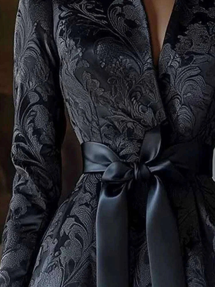 KIMLUD, Elegant Womens Print Dress Evening Party Guest Long Sleeve Pleated Maxi Dress with Stand Collar Waisted Wedding Vestido Dress, KIMLUD Womens Clothes