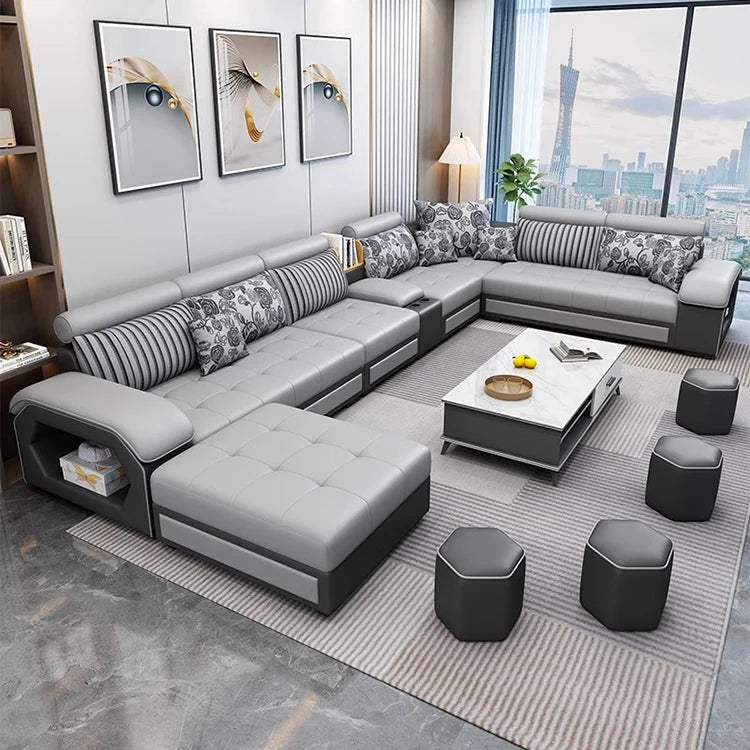 U-Shaped Fabric Sofa Set 7-Seater With Built-In Speakers — Cobalt Blue | KIMLUD