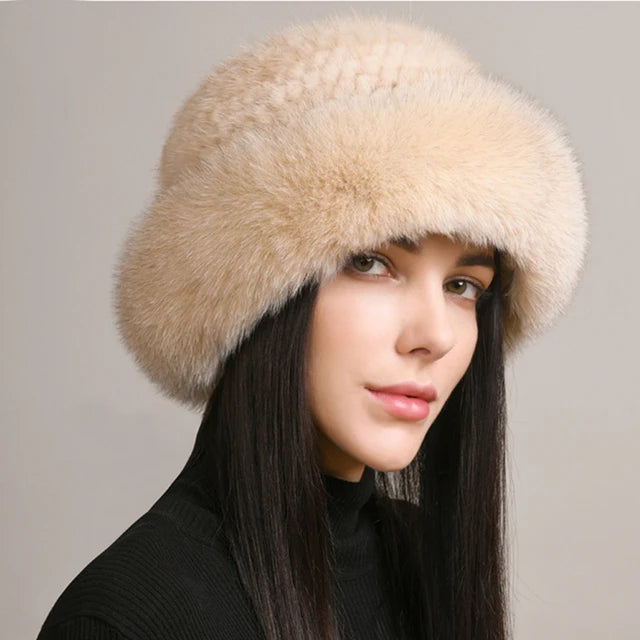 KIMLUD, New Genuine Real Natural Knitted Mink Fur Hat Cap Luxury Women Handmade Knit Fashion Winter Headwear Warm Real Fox Fur Beanies, KIMLUD Womens Clothes