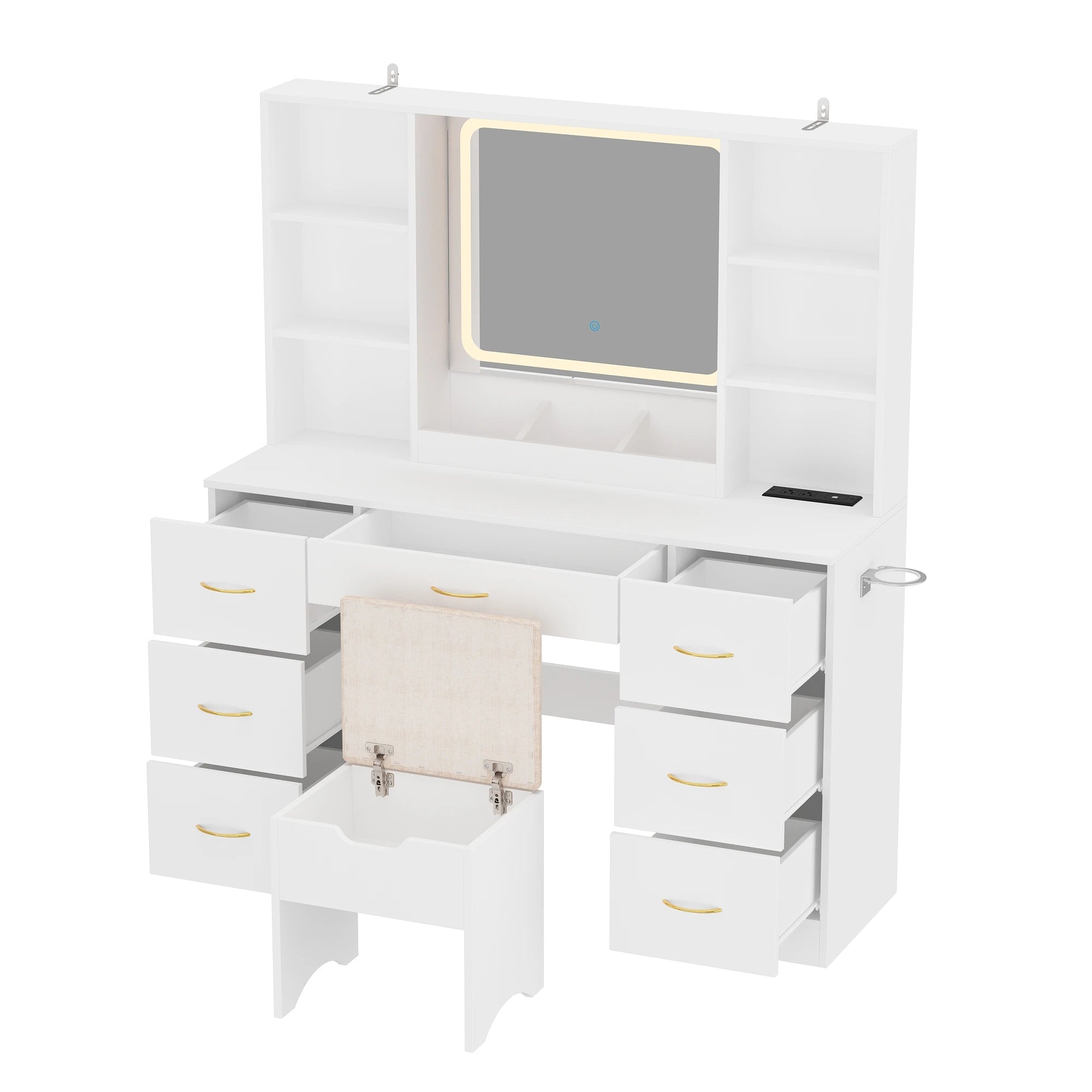 47" Vanity Desk with Mirror and Lights, Large Makeup Vanity with Vanity Chair & Charging Station, Dressing Table with 7 Drawers