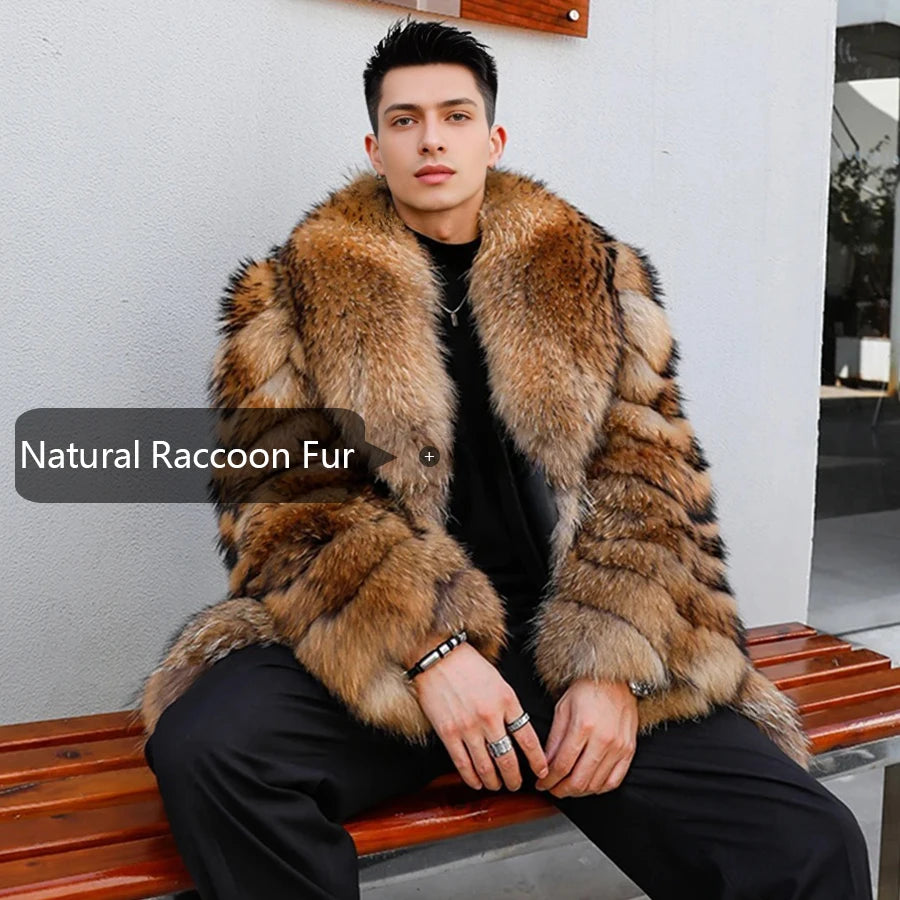 Man wearing a natural raccoon fur coat sitting on a bench.