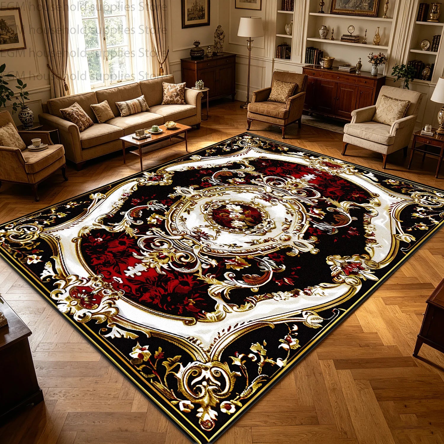 Kilim Polyester Floral Area Rug — Red Gold | KIMLUD
