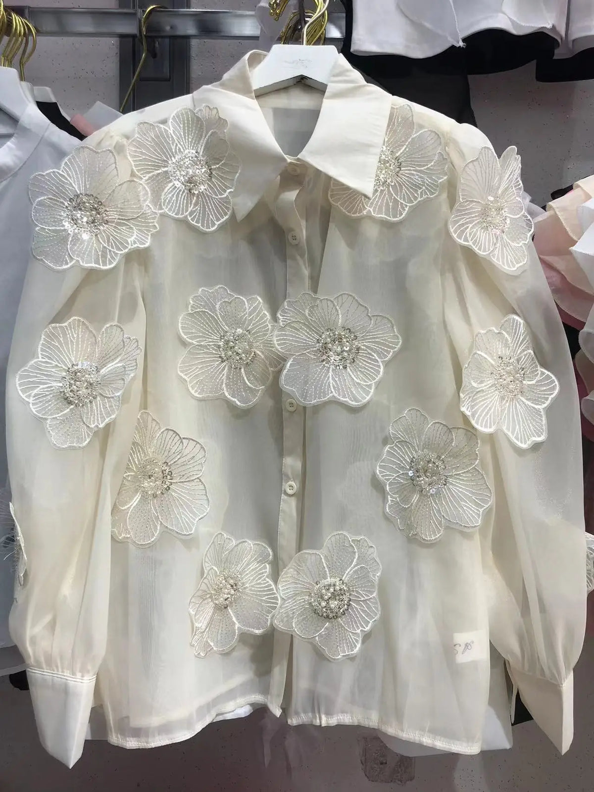 Long Sleeve Sequin Petal Applique Blouse – Acetate – White Beige | KIMLUD