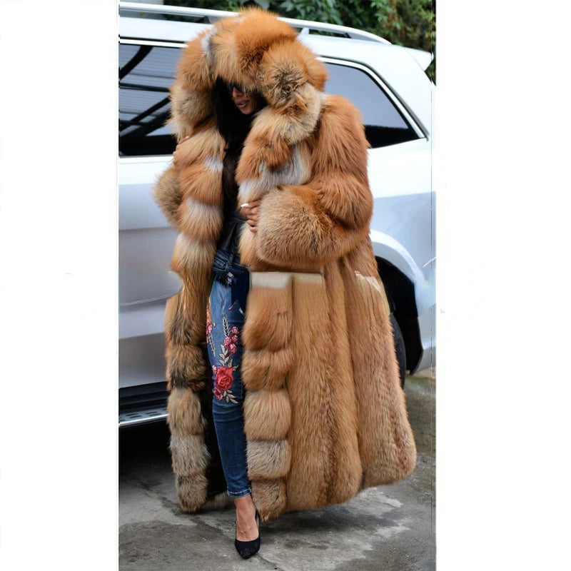 Winter Plus Size Longer Faux Fur Warm Coat Long Sleeve Coat Fox Fur Faux Fur Coat women's Long Hooded Fur all-in-one Fur Coat
