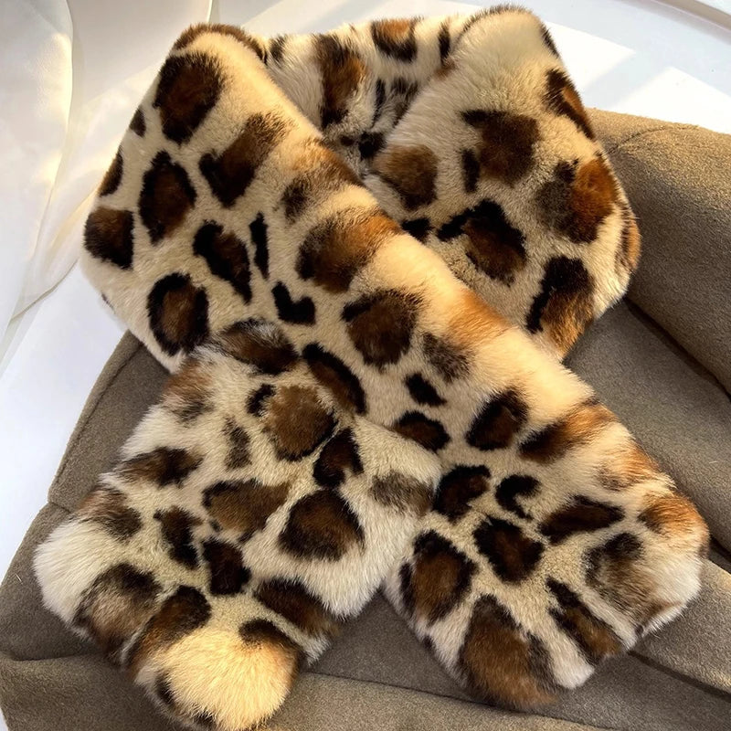 KIMLUD, Winter Leopard Faux Rabbit Fur Scarf Women Girls Scarf Soft Plush Scarves Solid Color Neck Collar Warmer Stuff Christma Gift, KIMLUD Womens Clothes