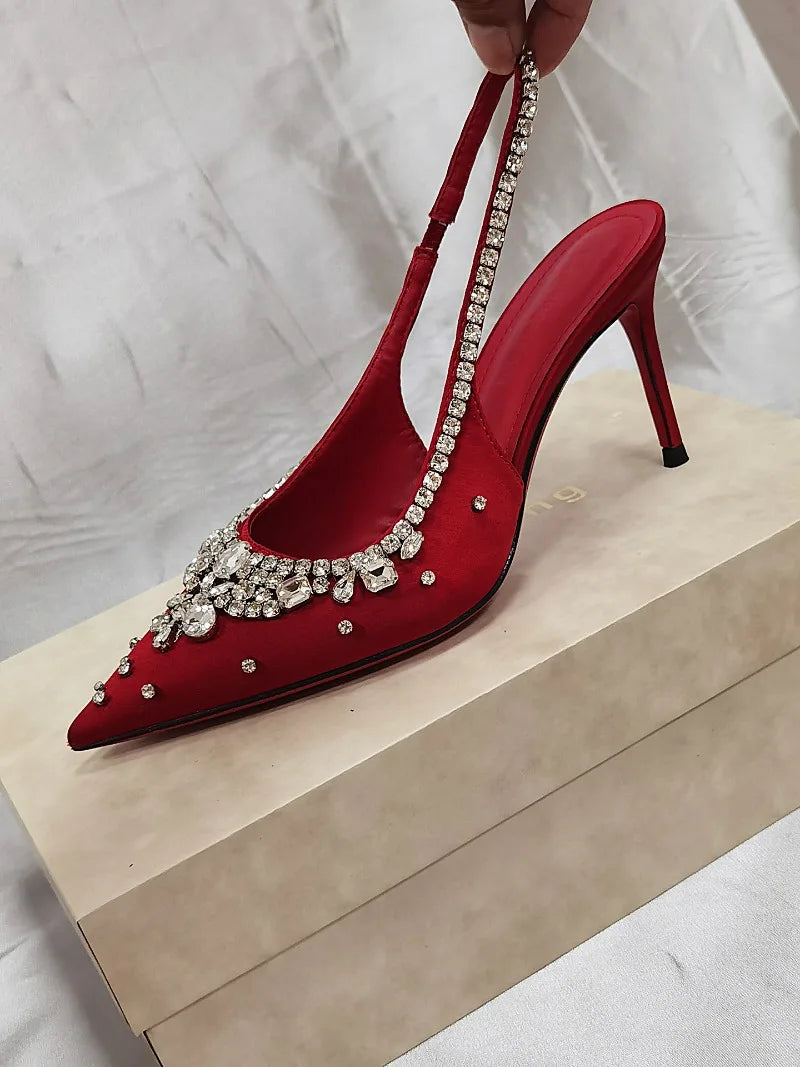 Dresses Satin Pointy Toe Heels With Rhinestones — Silver | KIMLUD