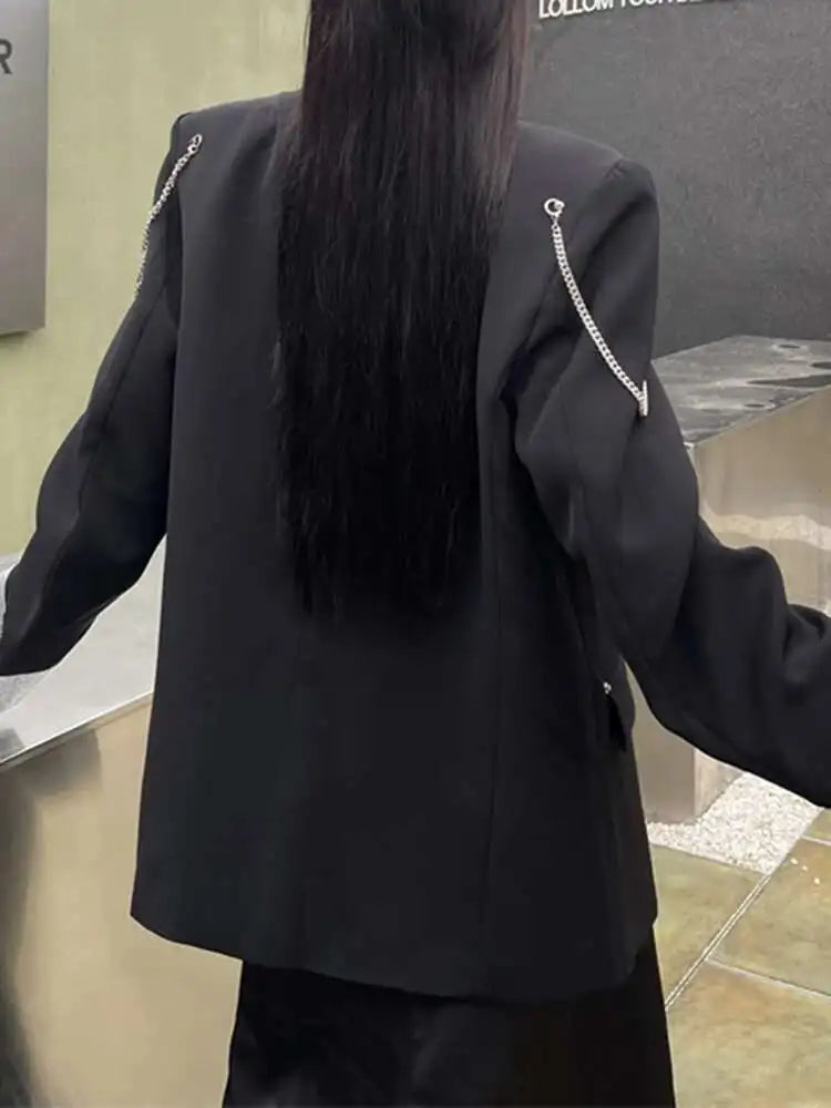 EAM Blazer rhinestone big size Metal Chain Women New Lapel Long Sleeve Loose Fit Jacket Fashion Tide Spring Autumn 2025 WQ20621