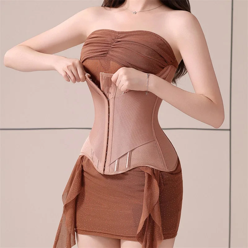 U-Shaped Waist Trainer Corset Steel Boned — Light Pink | KIMLUD