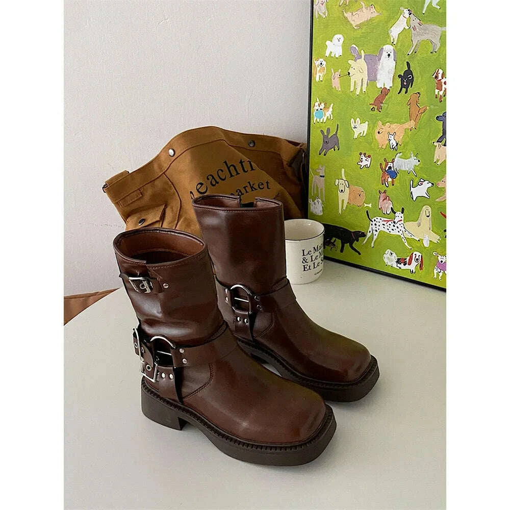 KIMLUD, British style brown thick heeled women's 2025 new summer retro western cowboy boots thick soled knight boots, KIMLUD Womens Clothes