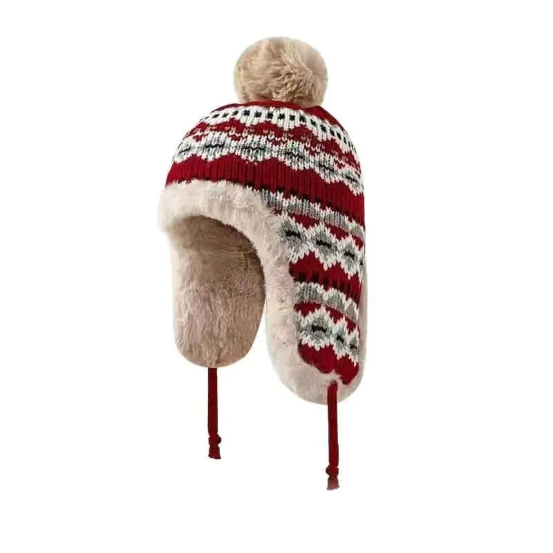 KIMLUD, Winter thick Lei Feng hat, winter warm and cold ear hanging hat, ethnic style knitted hat, KIMLUD Womens Clothes