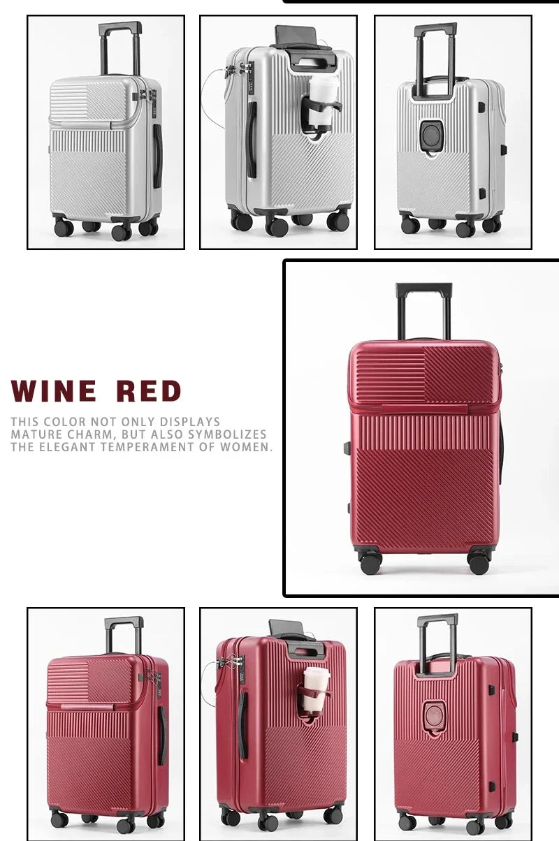 Polycarbonate Carry-On Luggage 20-Inch Lightweight With Cup Holder — Metallic Silver | KIMLUD