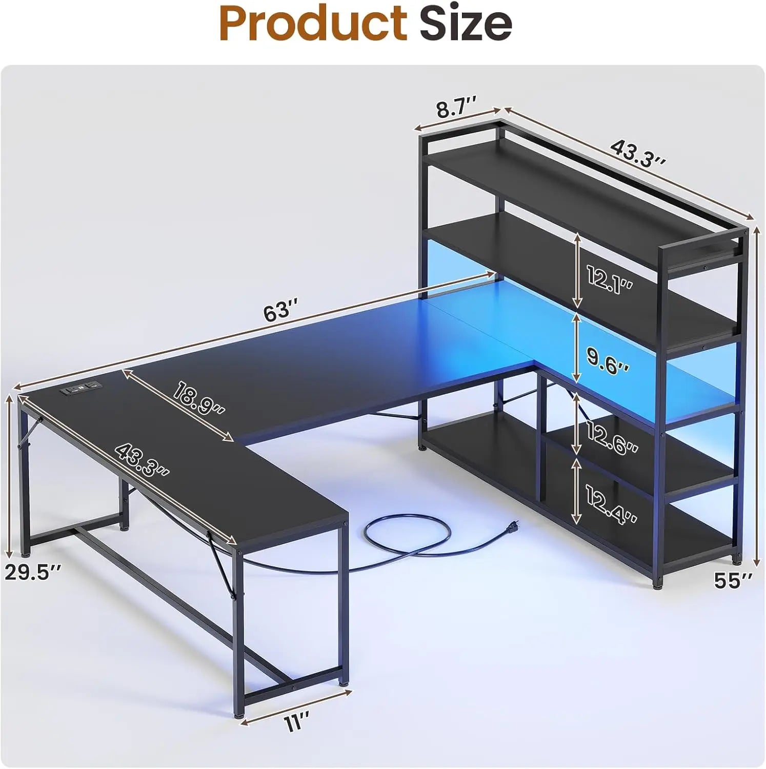 L-Shaped Desk With LED Lights, Power Outlet and Storage — Obsidian Blue | KIMLUD
