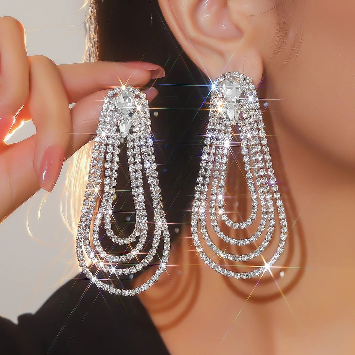 Silver Rhinestones Earrings for Women Sparkly Long Linear Dangle Earrings Dangle Tassels Statement Earrings Bridal Wedding