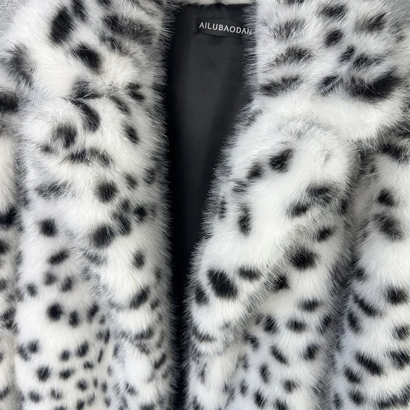 Coat – Leopard Print Faux Fox Fur – Winter Long Style – White | KIMLUD