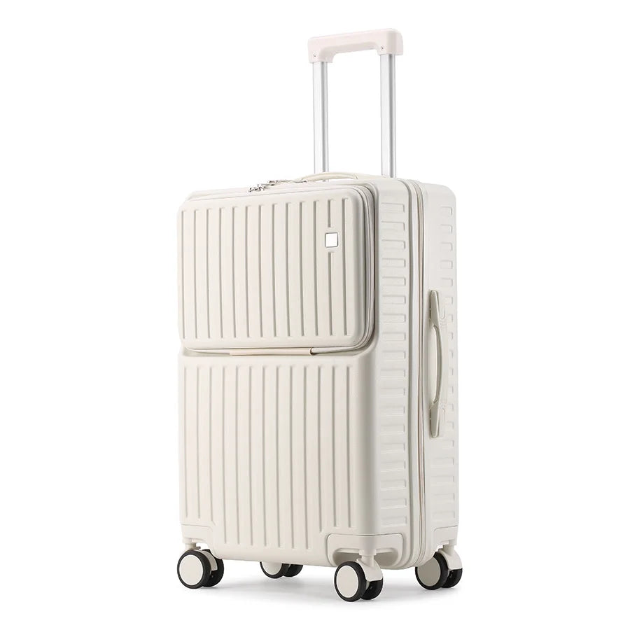 Independent Front Open Luggage Multi-functional Suitcase ABS+PC Cup Holder And Hidden Phone Stand Smooth Universal Wheel 20" 24"