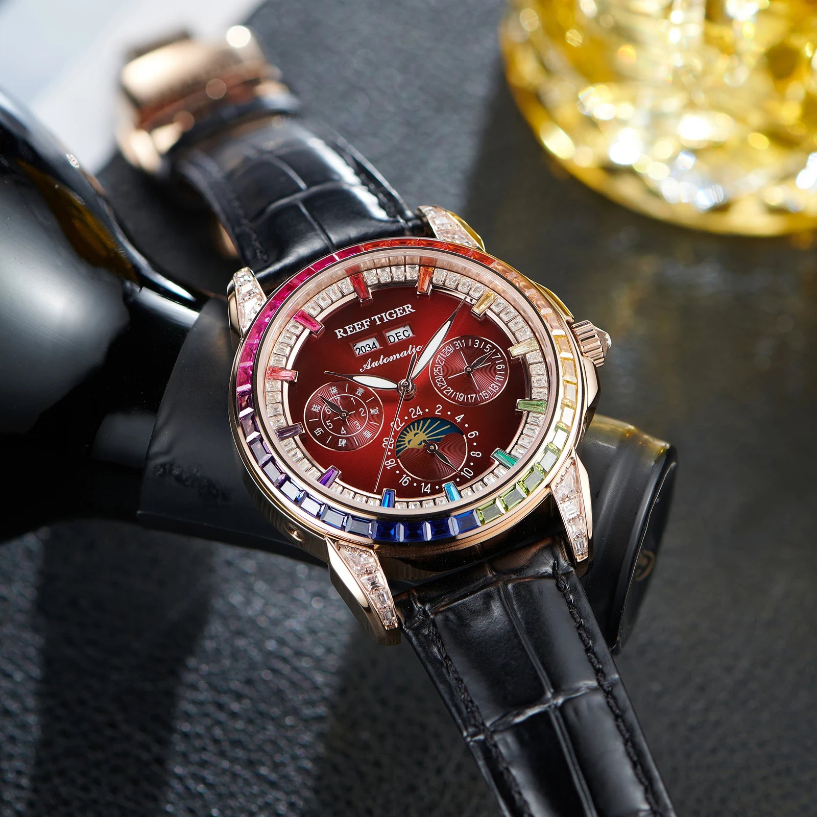 Moonphase Automatic Leather Watch Rainbow Diamond Bezel — Ruby Red | KIMLUD