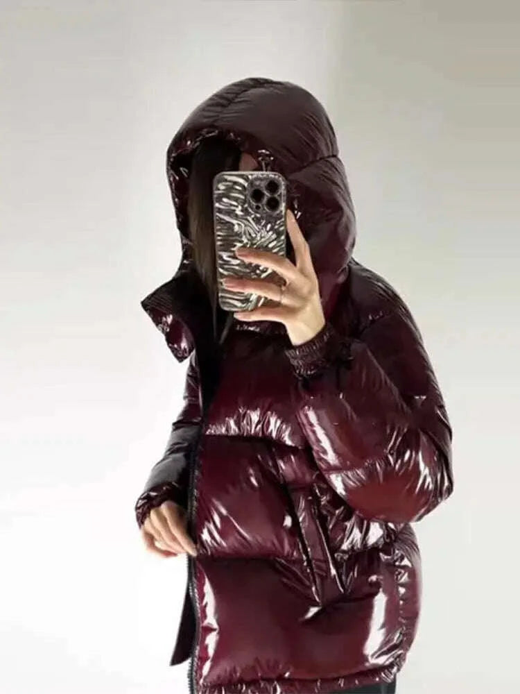 KIMLUD, Chic Glossy Women's Thicken Cotton Coats Hooded Solid Loose Zippers Warm Lady Coat 2025 Winter Casual Female Street Jackets, KIMLUD Womens Clothes