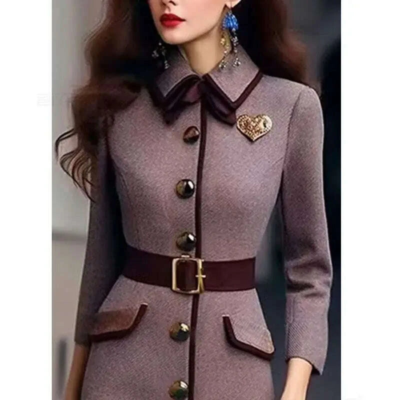 Autumn Winter Elegant Office Lady Woolen Dress Robe Women Lapel Single Breasted Patchwork Dresses Party Long Dress With Brooch