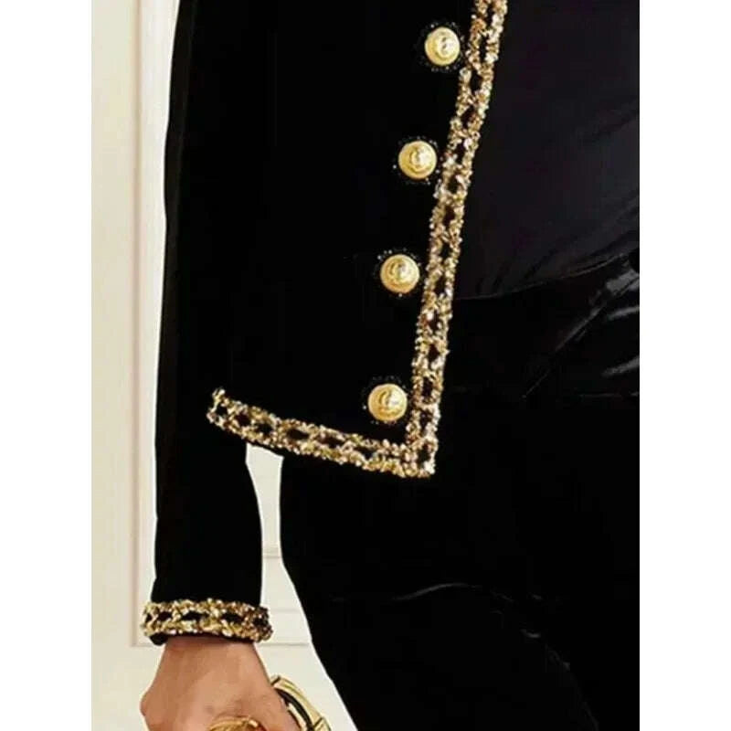 KIMLUD, Plus Size Luxury Bright Silk Velvet Jackets Women 2025 Autumn Winter O Neck Long Sleeve Double Gold Button Out Going Coat 184065, KIMLUD Womens Clothes