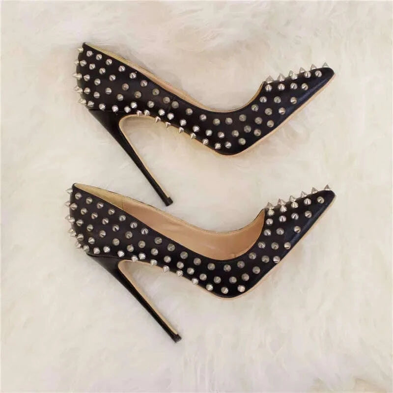 KIMLUD, Veowalk Silvet Gold Revits Women Sexy 12cm Pointed Toe High Heels Ladies Shallow Stiletto Pumps Shiny Wedding Party Dress Shoes, KIMLUD Womens Clothes