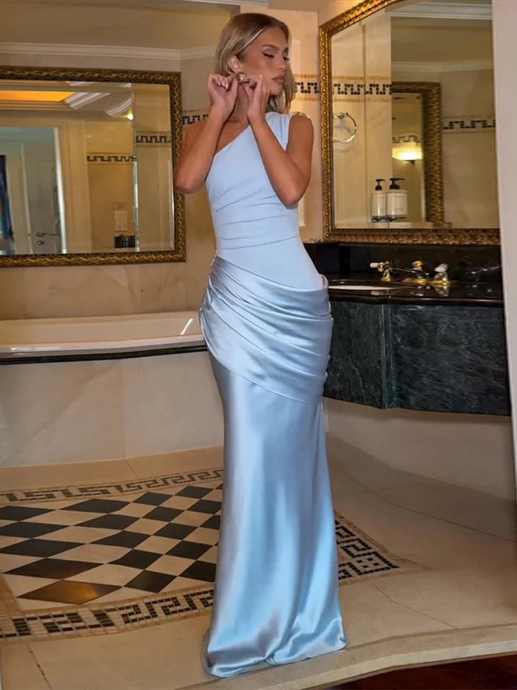 Skew-Collar Long Dress High-Waist — Light Blue | KIMLUD