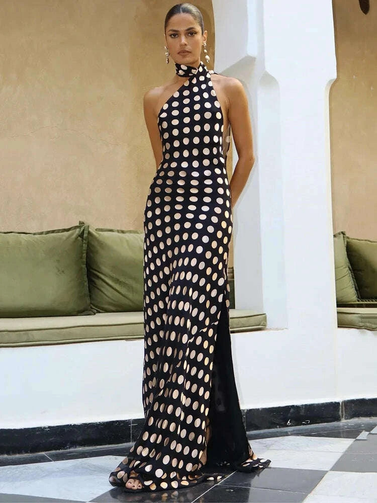 KIMLUD, Mozision Round Plaid Printed Maxi Dress For Women Gown Halter Off-shoulder Sleeveless Backless Evening Club Long Dress Elegant, KIMLUD Womens Clothes