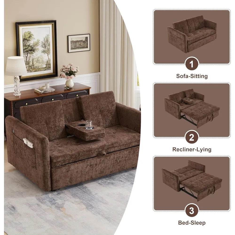 Fabric Upholstery Convertible Sofa Bed With Pull-Out Sleeper, Cup Holders And USB Ports — Brown | KIMLUD