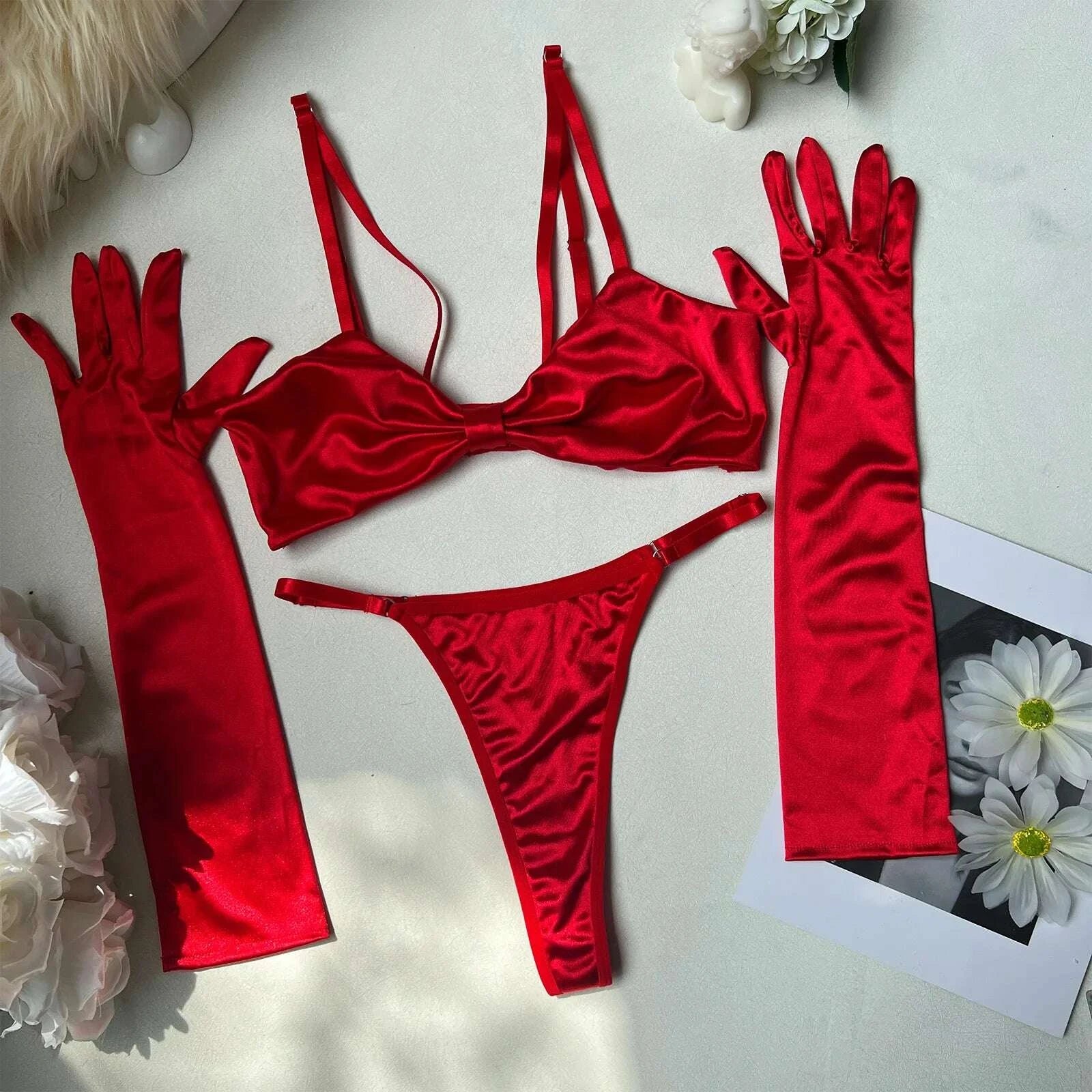 KIMLUD, Ellolace Christmas Lingeries Sexy Hot Elegant Satin Bra Thong 2PC with Gloves Romantic Wedding Intimate Lingerie For Ladies, KIMLUD Womens Clothes
