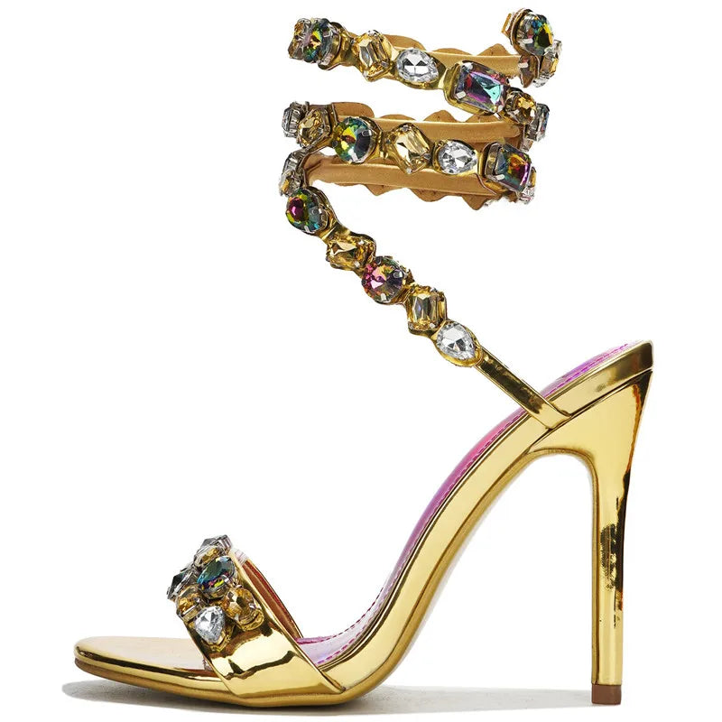 Wraparound Gladiator Sandals Crystal Embellished — Gold | KIMLUD