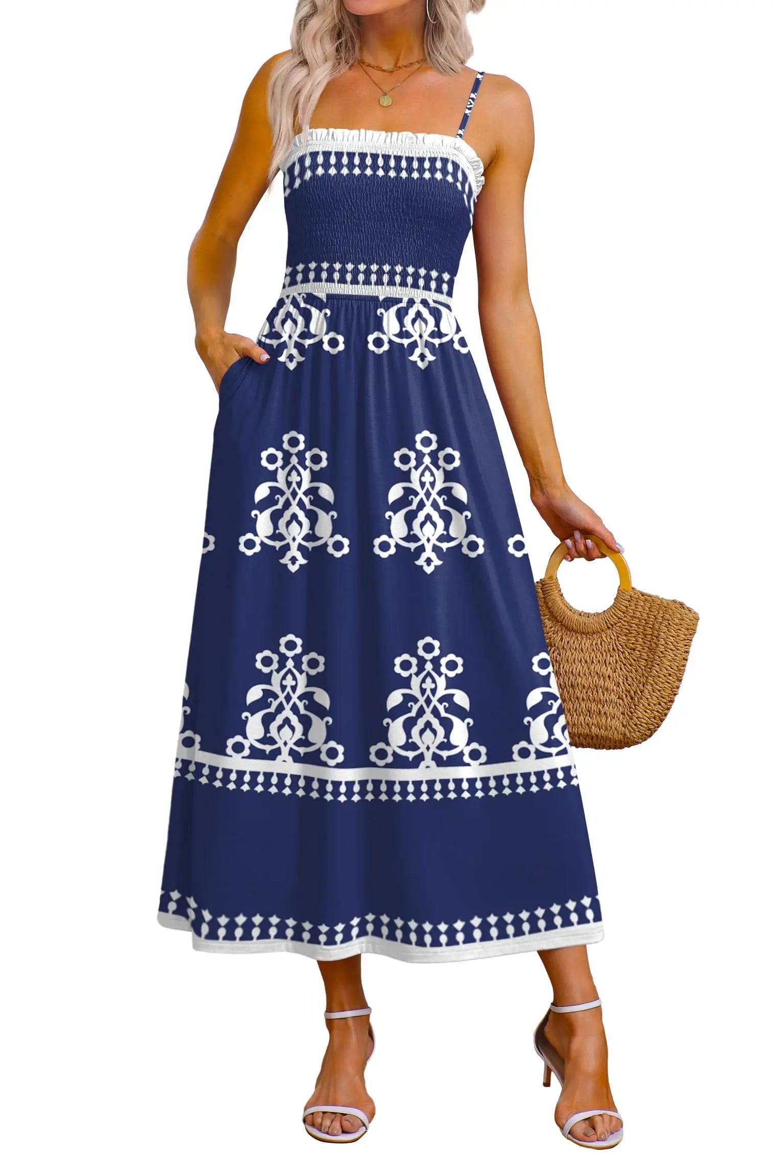 Spaghetti Strap Maxi Dress – Smocked Waist – Polyester Fiber | KIMLUD