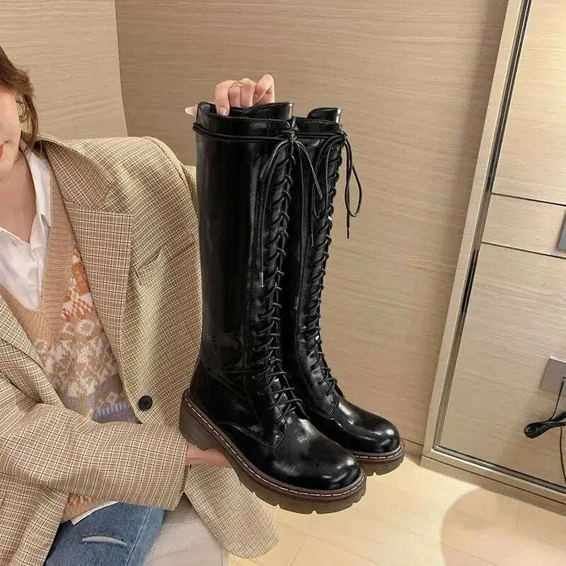 KIMLUD, Krazing Pot Vintage Cow Split Leather Wool Snow Boots Winter Keep Warm Round Toe Cross-tied Med Heels Platform Thigh High Boots, KIMLUD Womens Clothes