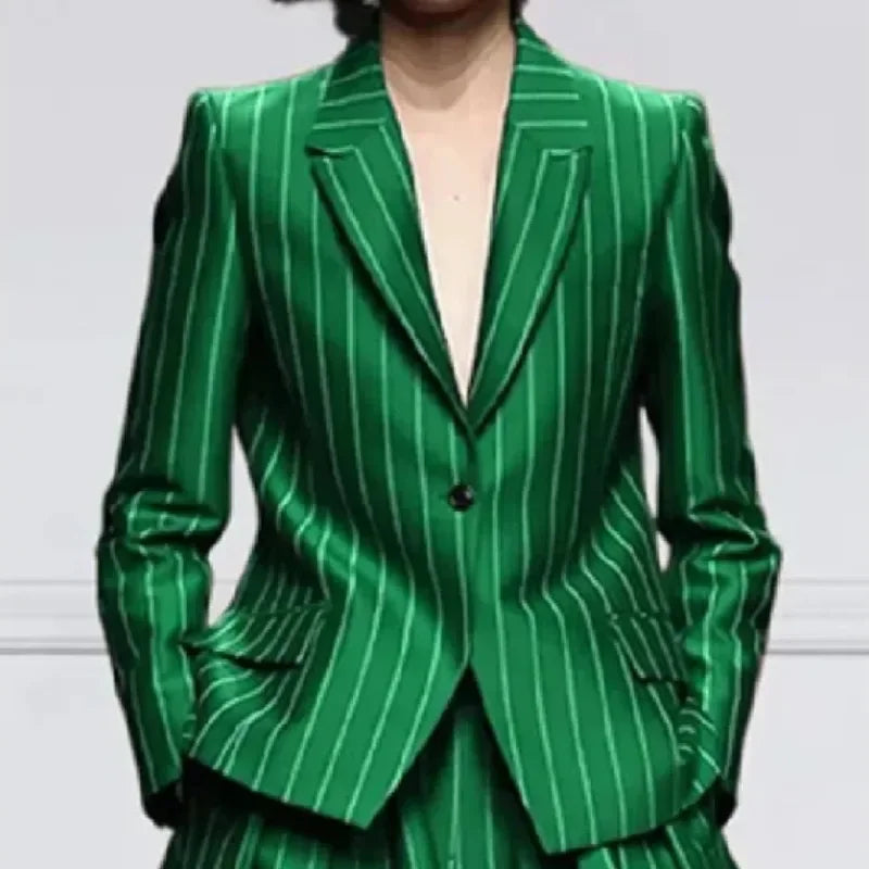 Two-Piece Striped Blazer and Wide-Leg Pant Suit – Blended | KIMLUD