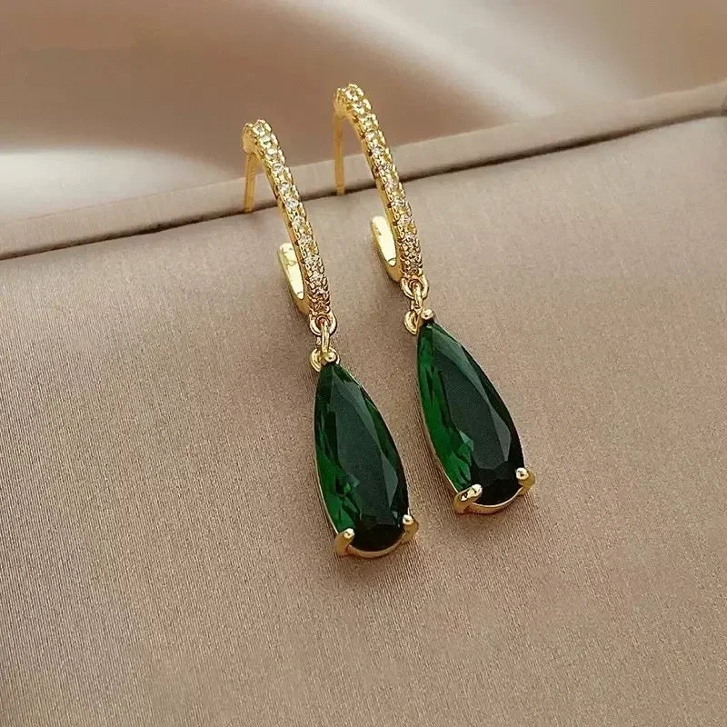 Cubic Zirconia Drop Earrings Water-Drop Inlaid — Emerald | KIMLUD