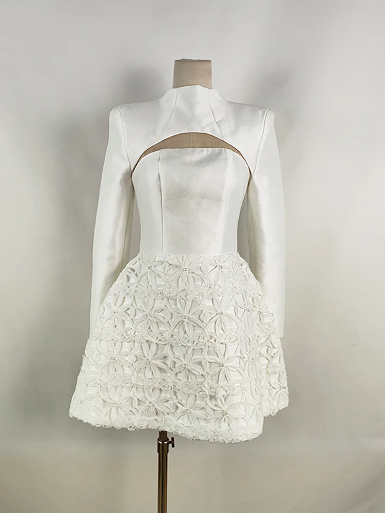 Eshin 2024 Spring New Women's 2 Pcs Set O Neck Long Sleeve Crop Top Strapless High Waist Mini Elegant Flower Dress Suit TH6368