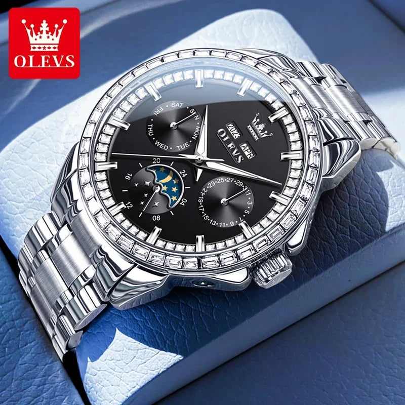 OLEVS 6695 NEW Men's Watches Full Multifunctional Dial Blue Leather Strap Calendar Week Moon Phase Waterproof Wristwatch