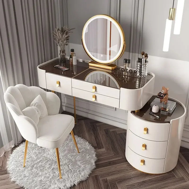 A Modern Design Dressing Table With Mirror and Stool Wooden Makeup Vanity Desk Side Cabinet Set Bedroom Furniture Dresser