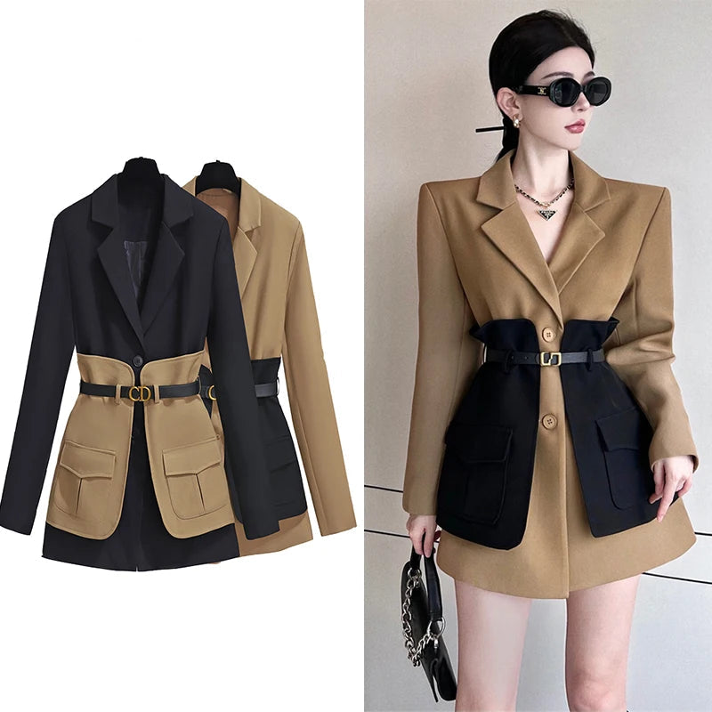 Two views of a two-tone black and beige blazer with a woman wearing it.