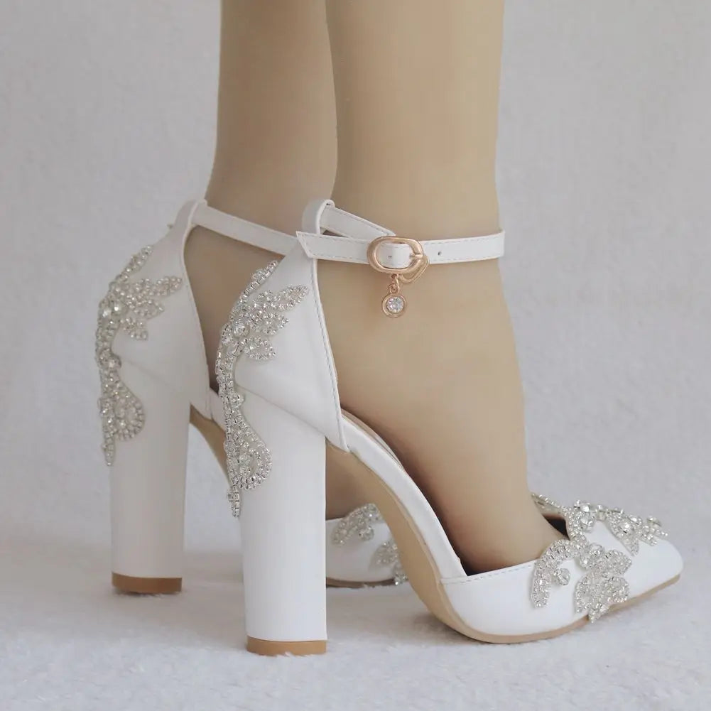 PU Sandals Rhinestone Flower Embellished Square Heel — White | KIMLUD