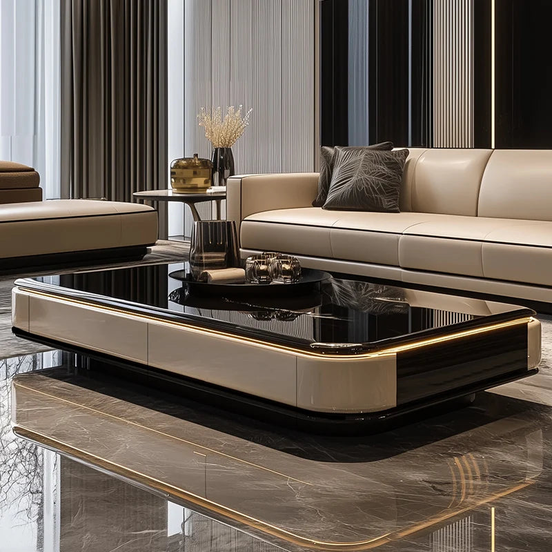 Nordic Light Luxury Coffee Table With Tempered Glass Top And Cream Wood Base — Black | KIMLUD