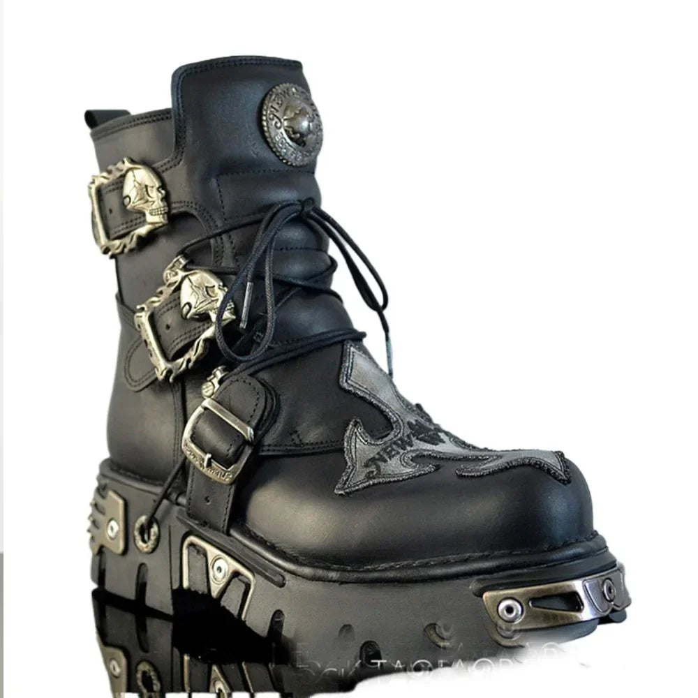 Fashion Men's Cow Genuine Leather Motorcycle Boots,Design New Unisex Mid-calf Skull Devil Goth Punk Metallic Work Boots Plus 48