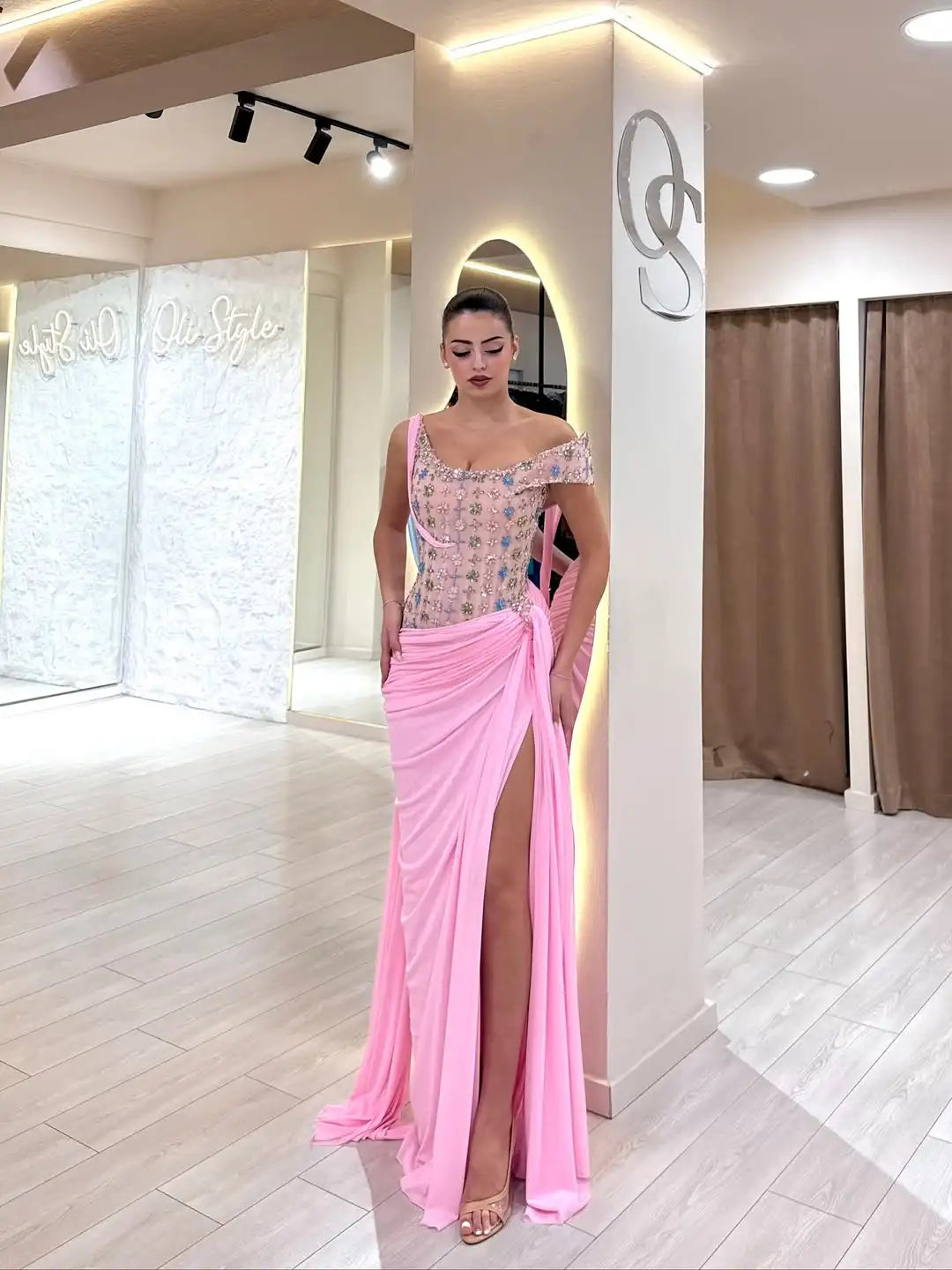 One-Shoulder Beaded Evening Dress – Draped Chiffon – Pink | KIMLUD
