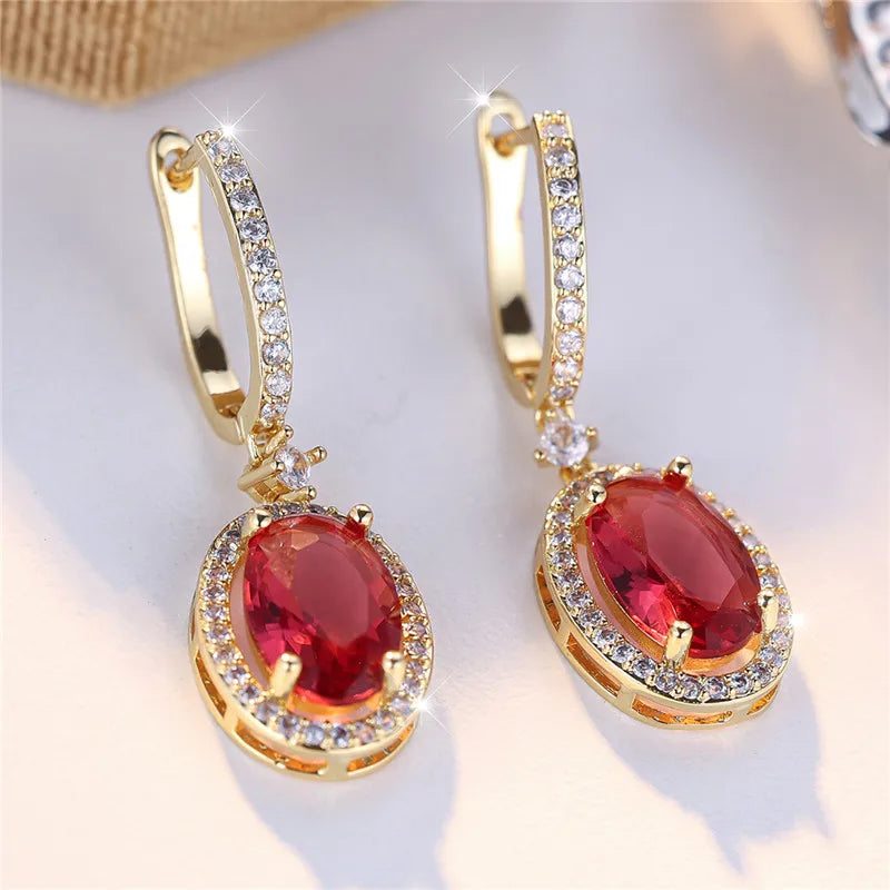 Luxury Female Rose Red Oval Zircon Stone Hoop Earrings Charm Gold Color Wedding Jewelry For Women