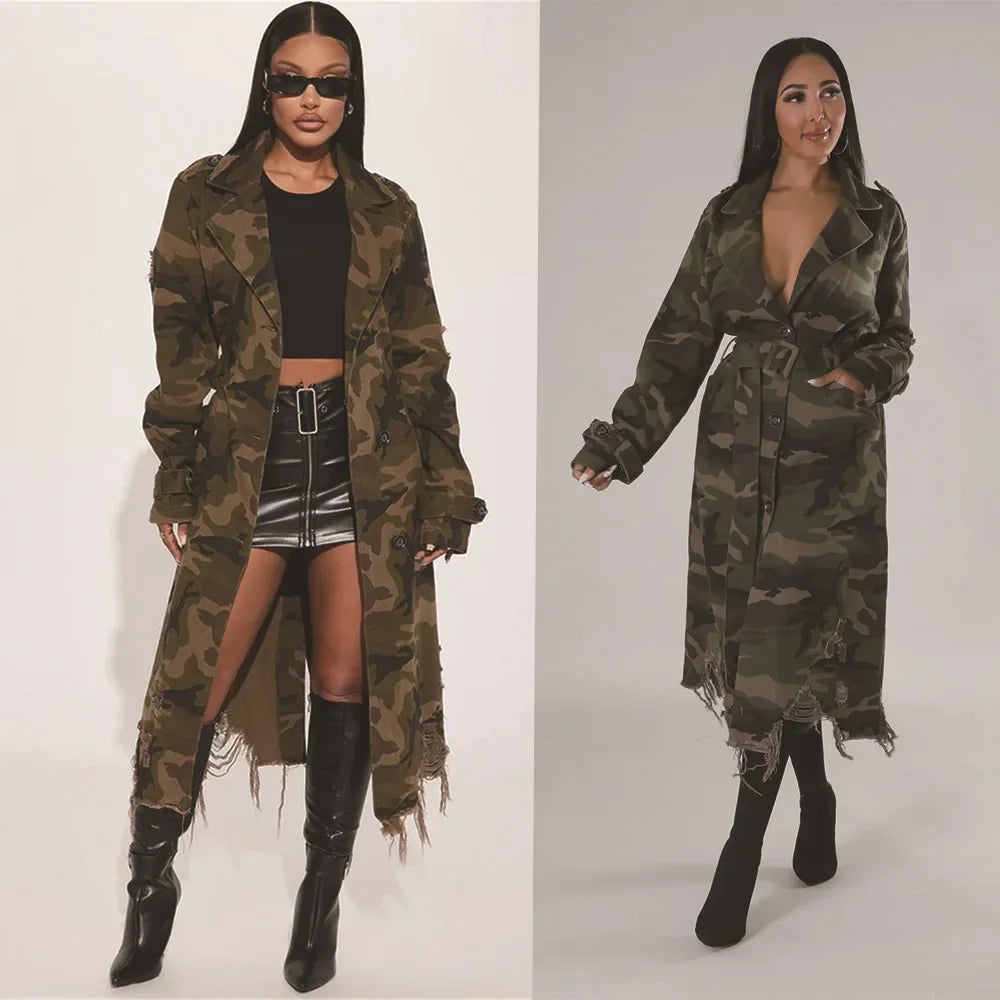 Camouflage Ripped Trench Jacket Long Coats Hole Windbreaker Sashes Single Breasted 2025 Women Streetwear Jackets Outerwear